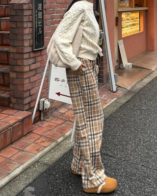 Checkered Wide Waist Elastic Waist Pants