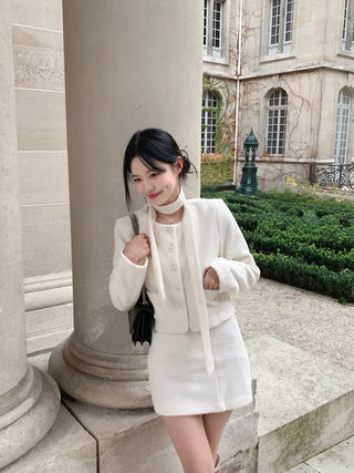 [2-Piece] Scarf Tweed Jacket Set