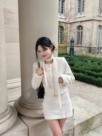 [2-Piece] Scarf Tweed Jacket Set