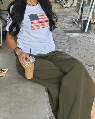 Gingham Lace American Semi-Cropped Half T-Shirt