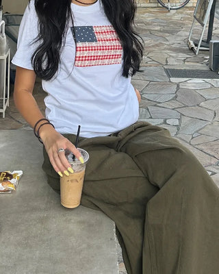 Gingham Lace American Semi-Cropped Half T-Shirt