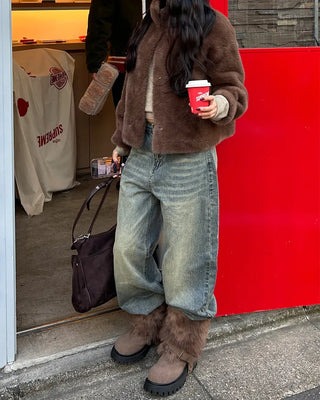 Whisker Wash Point Wide Denim Pants