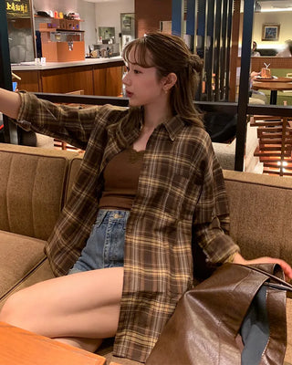 Brown oversized check pattern shirt