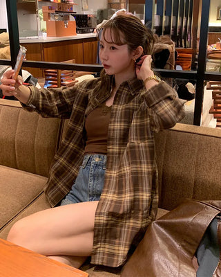 Brown oversized check pattern shirt