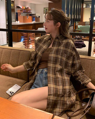 Brown oversized check pattern shirt