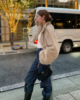High-neck cropped fur jacket