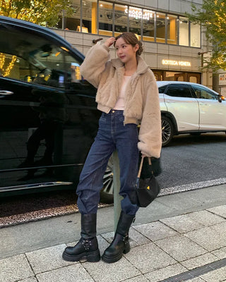 High-neck cropped fur jacket