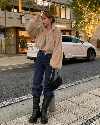 High-neck cropped fur jacket
