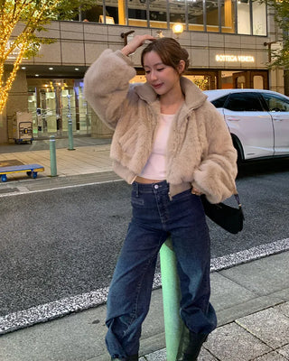 High-neck cropped fur jacket