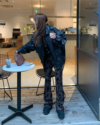 Flower Pattern Slim Fit Knit Bootcut Pants