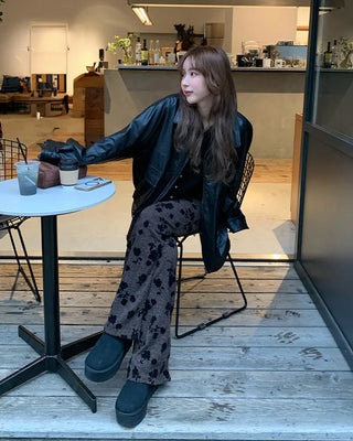 Flower Pattern Slim Fit Knit Bootcut Pants