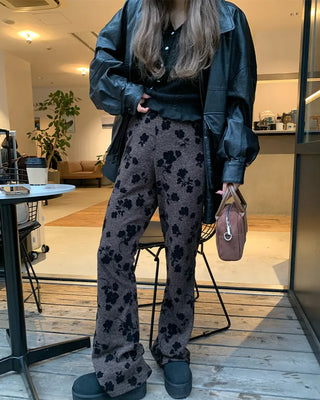 Flower Pattern Slim Fit Knit Bootcut Pants