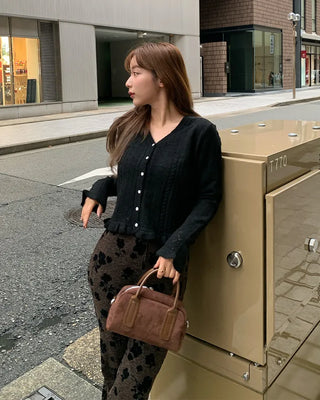 Flower Pattern Slim Fit Knit Bootcut Pants
