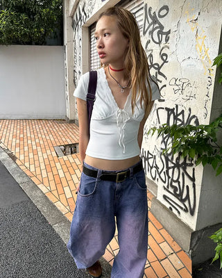 Lace V-neck strap gathered cap sleeve