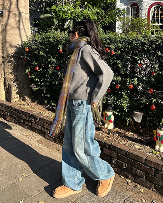 Wool mix check big fringe scarf