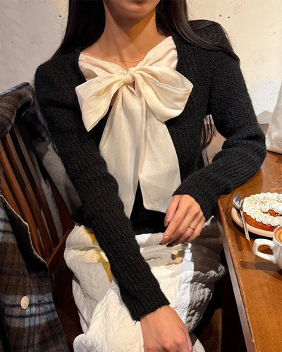 2-way neck ribbon detail long-sleeved knit
