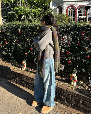 Wool mix check big fringe scarf