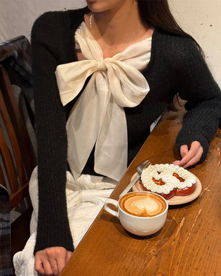 2-way neck ribbon detail long-sleeved knit