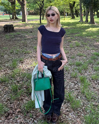 Back patch rigid wide denim pants