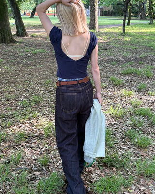 Back patch rigid wide denim pants