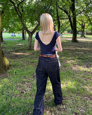 Back patch rigid wide denim pants
