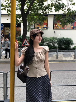 Checked chiffon long skirt