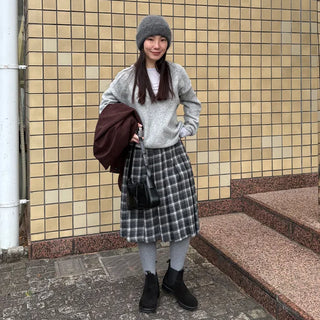 Wool check midi skirt