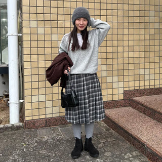 Wool check midi skirt
