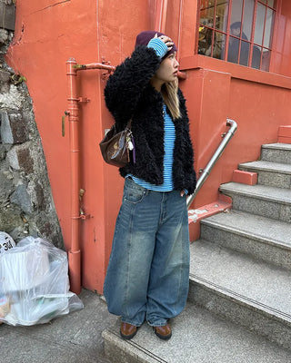 (Unisex) Center Seam Washed Balloon Denim Pants