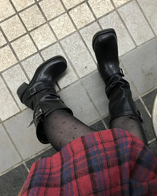 Buckle Shirring Mid-Calf Boots