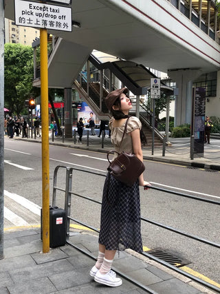 Checked chiffon long skirt