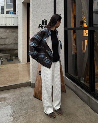 Wide-neck check double-breasted jacket