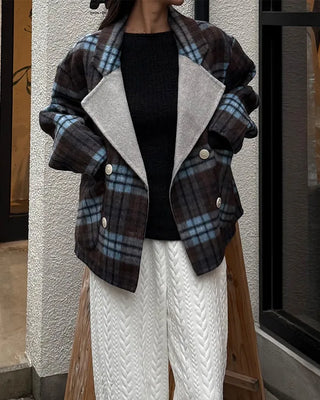 Wide-neck check double-breasted jacket