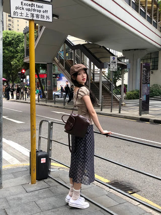 Checked chiffon long skirt