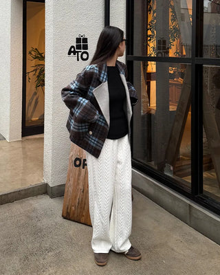 Wide-neck check double-breasted jacket