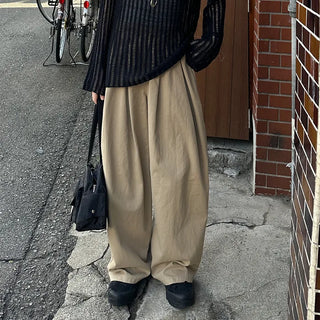 Cotton wide-leg long pants with elastic waistband