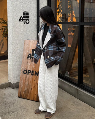 Wide-neck check double-breasted jacket