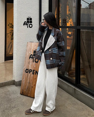 Wide-neck check double-breasted jacket