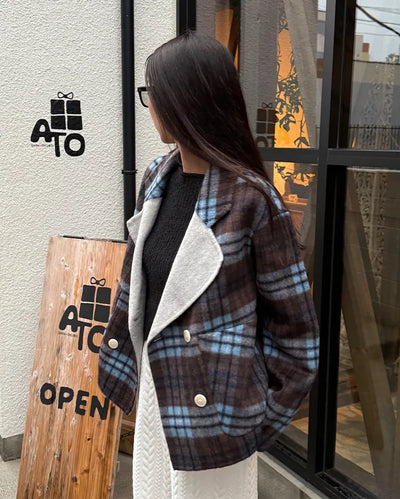 Wide-neck check double-breasted jacket