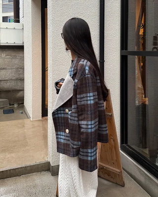 Wide-neck check double-breasted jacket