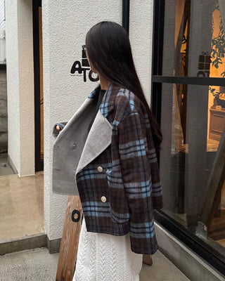Wide-neck check double-breasted jacket