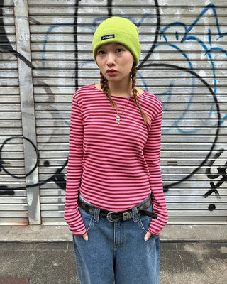 Oblong neck round hem border ribbed long T-shirt