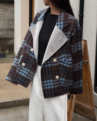Wide-neck check double-breasted jacket