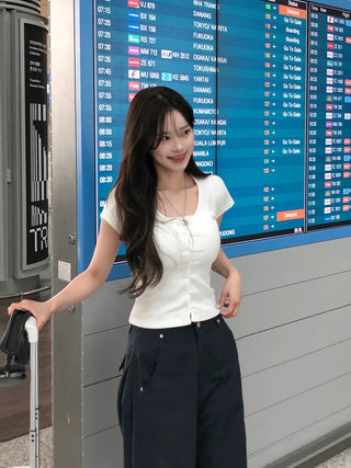 Slim ribbed short-sleeved cardigan (4 colors)