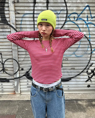 Oblong neck round hem border ribbed long T-shirt