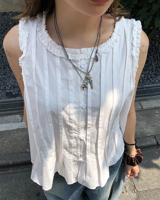Pintuck frill sleeveless flared button blouse