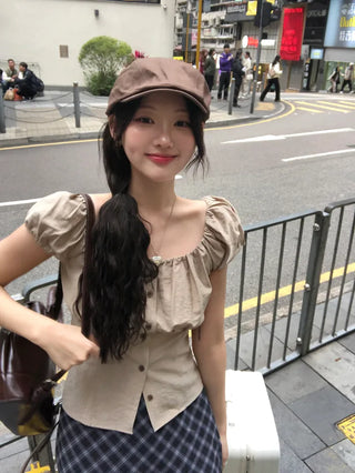 [3 colors] Linen puff blouse