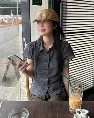 Checked Shirring Short-Sleeve Shirt