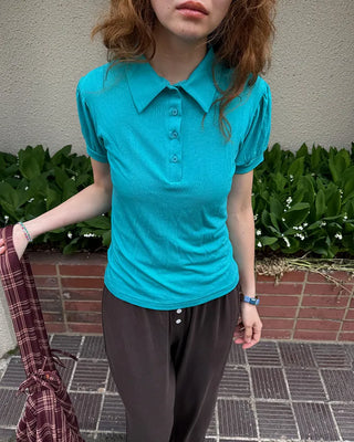 Colored neck puff sleeve shirt