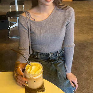 Asymmetrical Ribbon Knit T-Shirt